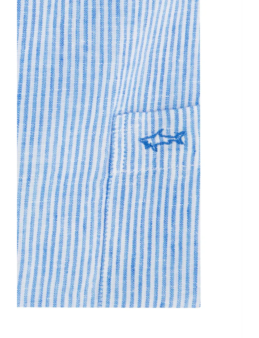 Paul & Shark casual overhemd korte mouw wijde fit blauw wit gestreept linnen