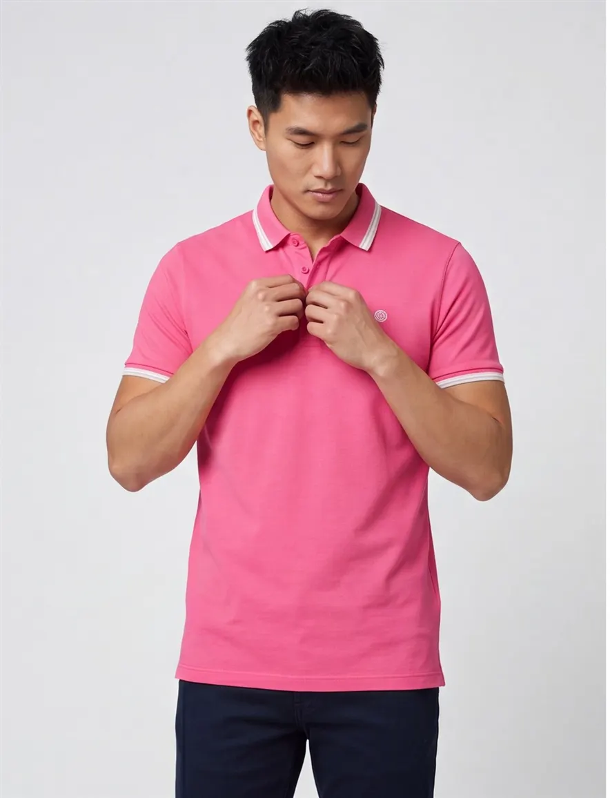 polo Blue Industry roze effen katoen slim fit