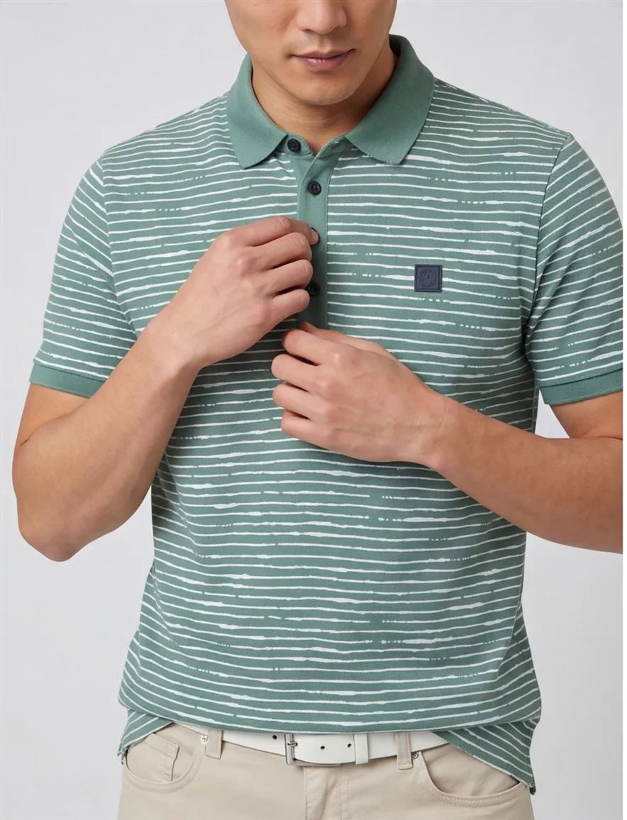 Blue Industry polo slim fit groen gestreept 4 knoops katoen