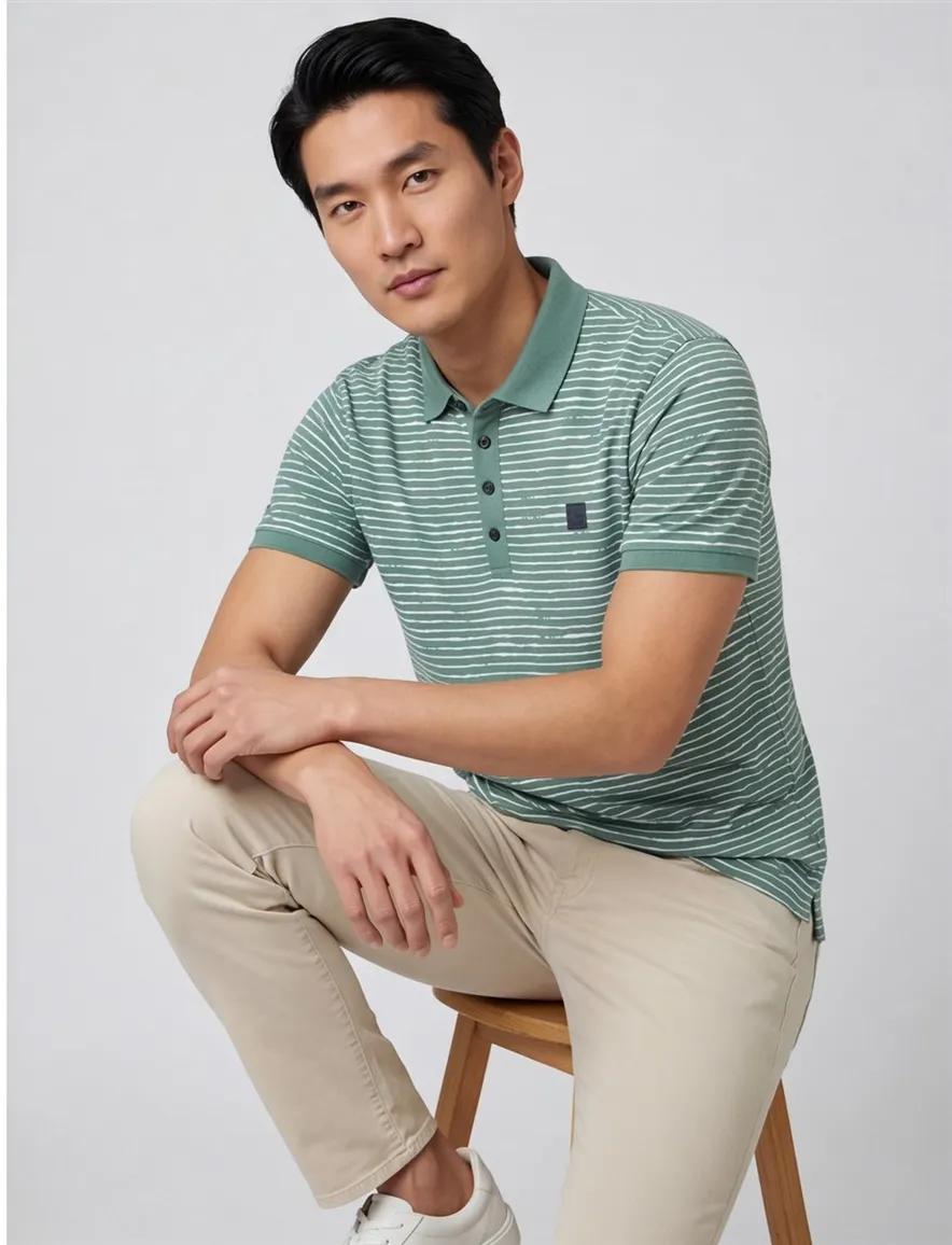 Blue Industry polo slim fit groen gestreept 4 knoops katoen