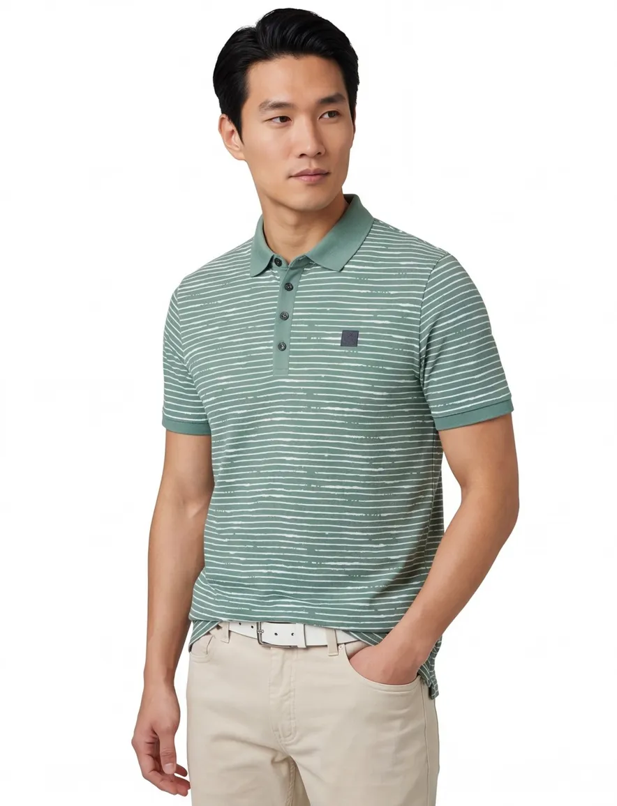 Blue Industry polo slim fit groen gestreept 4 knoops katoen