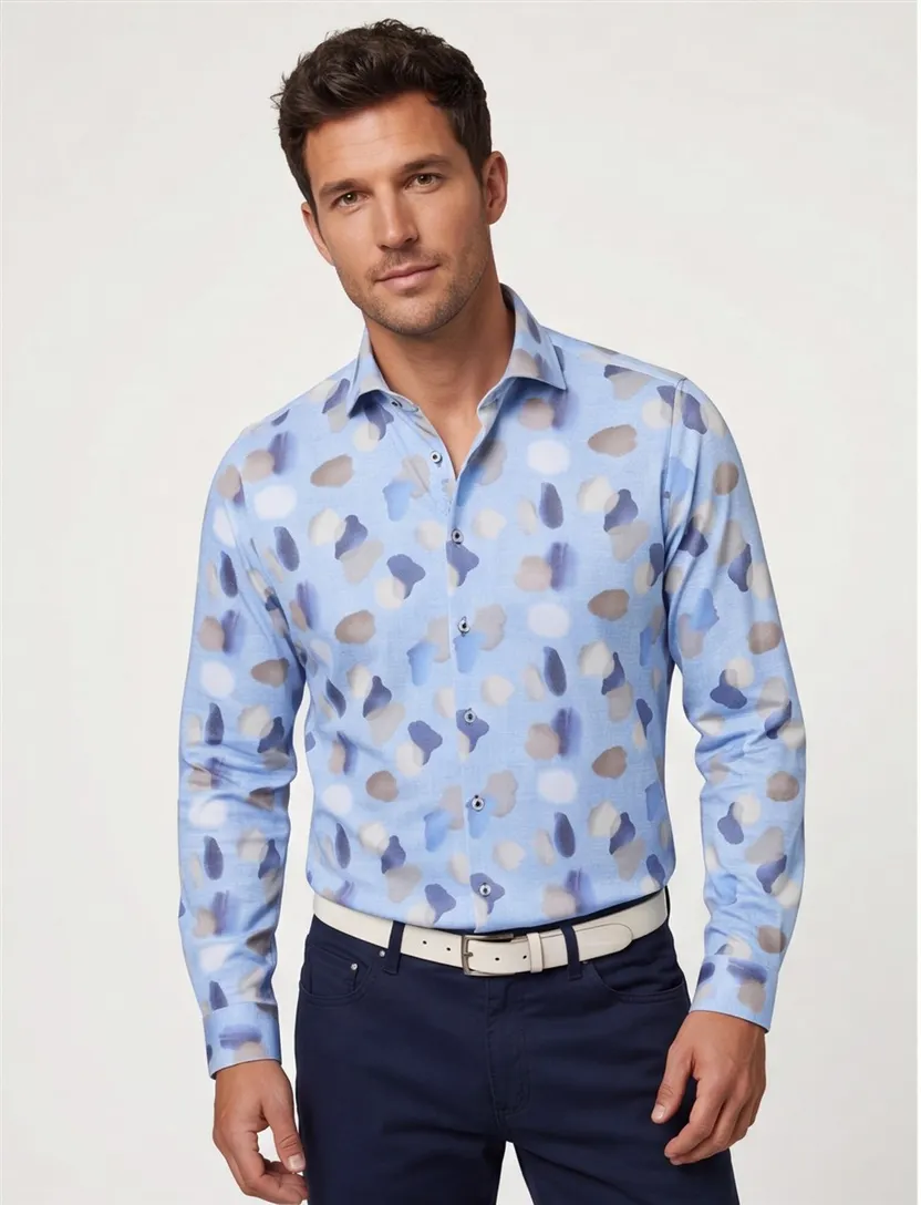Blue Industry casual overhemd lichtblauw vlekken print katoen slim fit