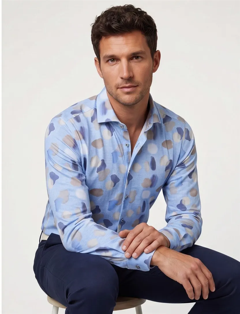 Blue Industry casual overhemd lichtblauw vlekken print katoen slim fit