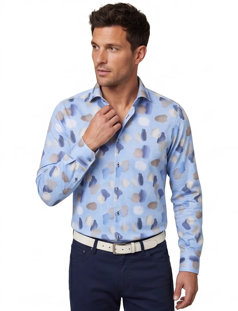 Blue Industry casual overhemd lichtblauw vlekken print katoen slim fit