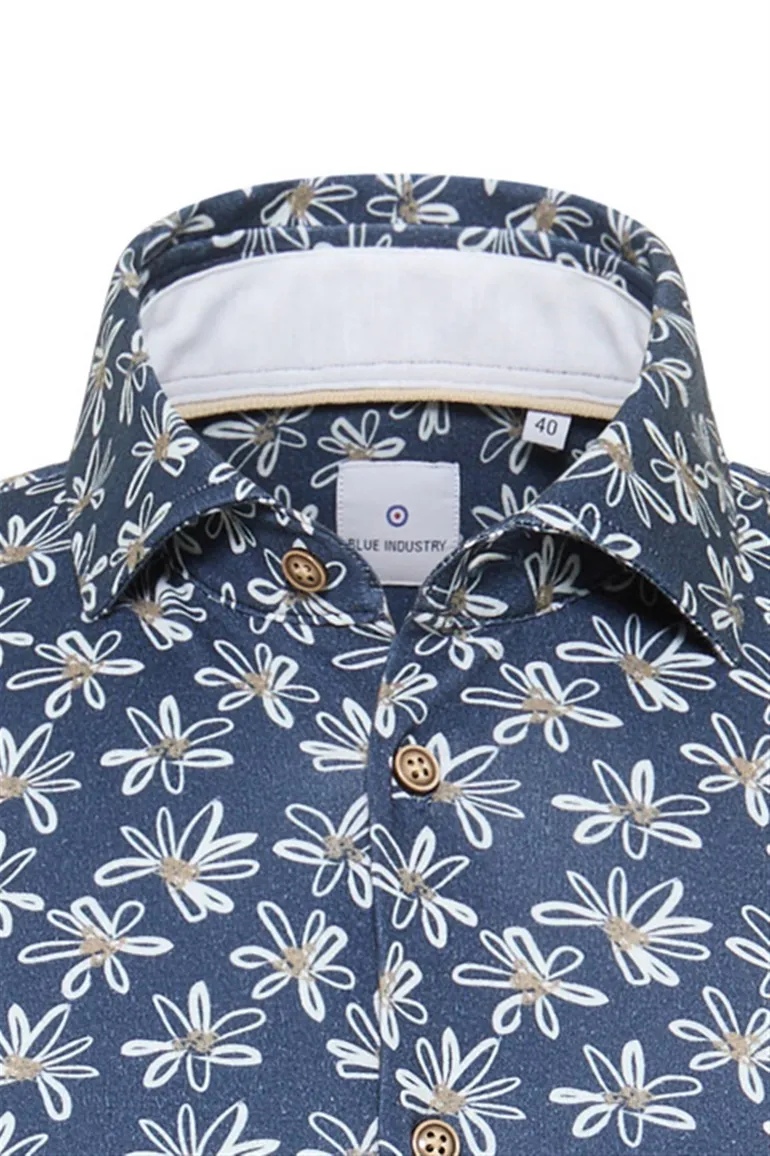 casual overhemd Blue Industry donkerblauw geprint katoen slim fit