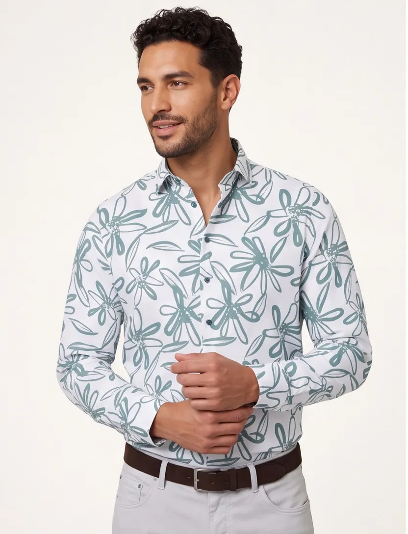 Blue Industry casual overhemd wit en blauw bloemen print linnen slim fit