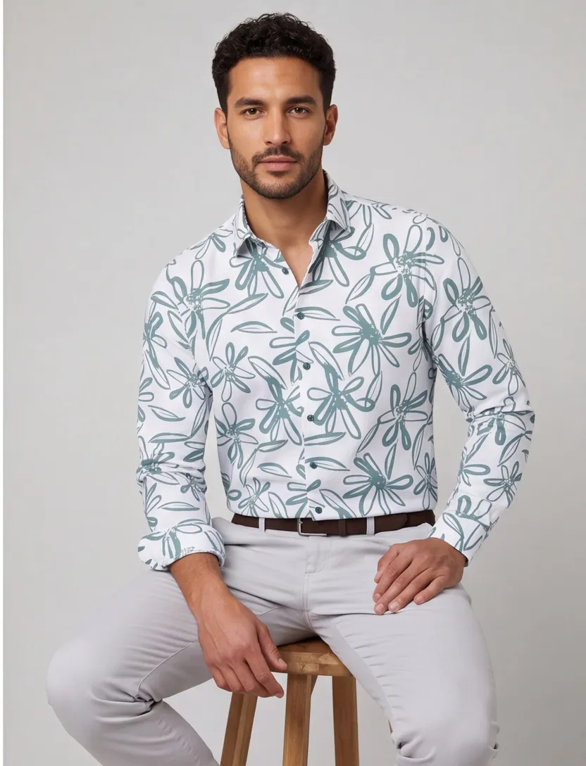 Blue Industry casual overhemd wit en blauw bloemen print linnen slim fit