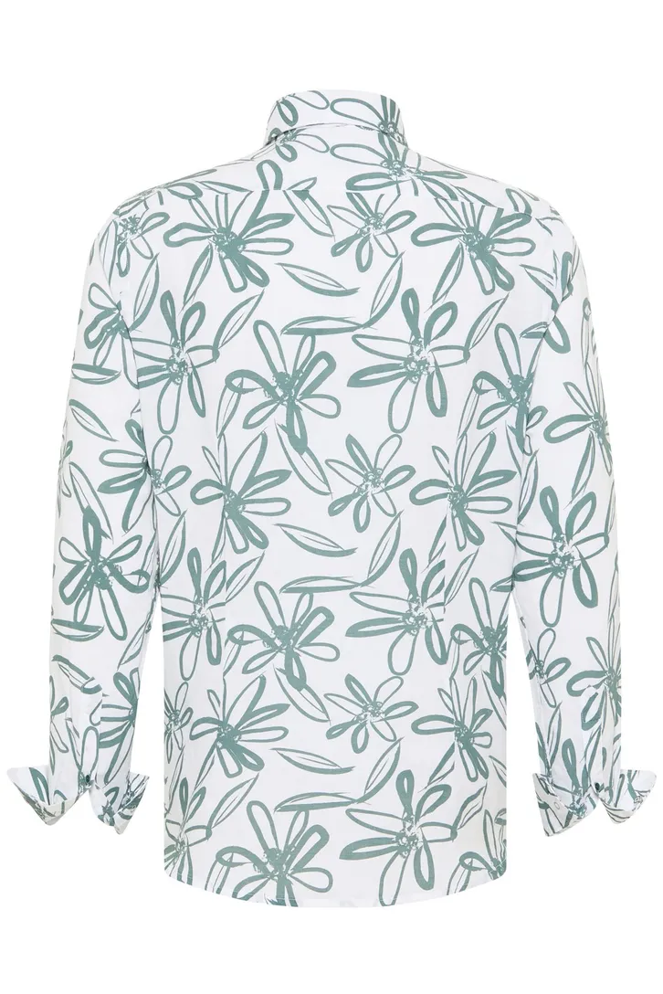 Blue Industry casual overhemd wit en blauw bloemen print linnen slim fit