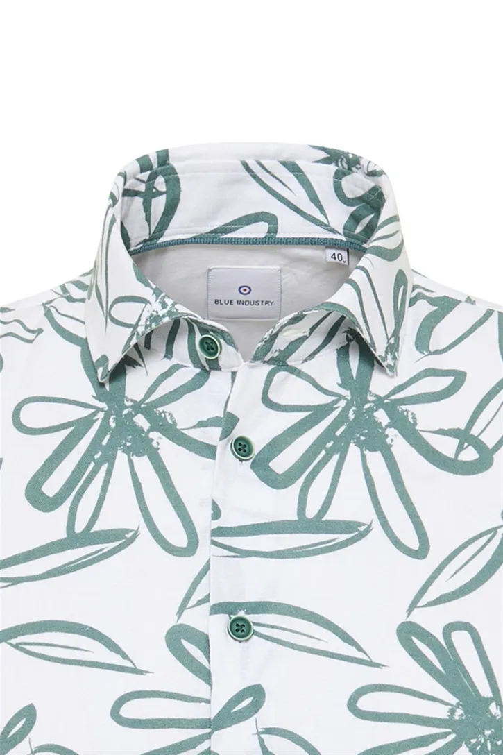 Blue Industry casual overhemd wit en blauw bloemen print linnen slim fit