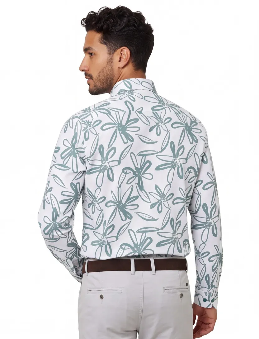 Blue Industry casual overhemd wit en blauw bloemen print linnen slim fit