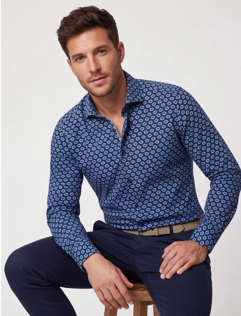 Blue Industry casual overhemd slim fit blauw katoen lichtblauwe bloemen print