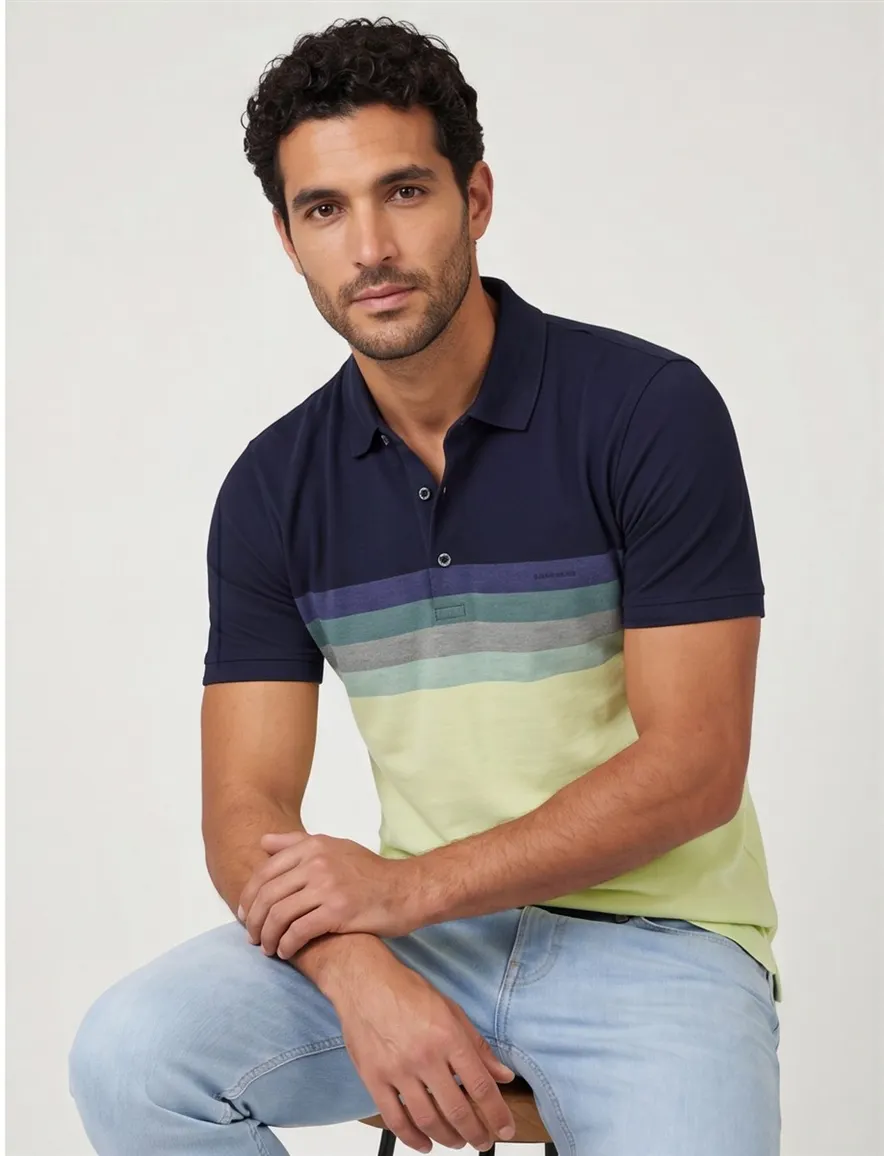 Pierre Cardin poloshirt blauw gestreept katoen