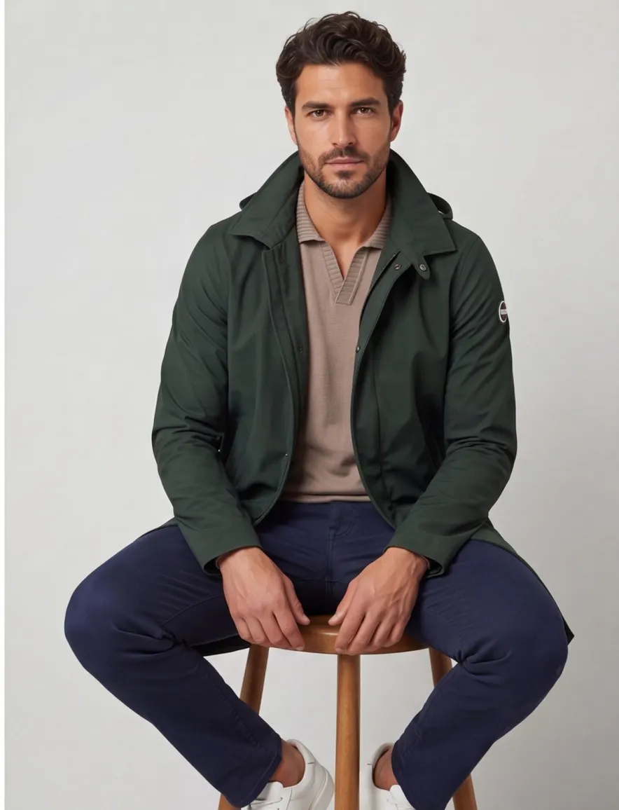 Colmar tussenjas groen effen rits + knoop slim fit capuchon afneembaar