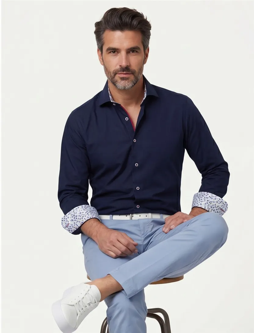 R2 business overhemd normale fit donkerblauw effen katoen wide spread collar