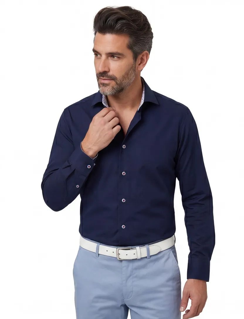 R2 business overhemd normale fit donkerblauw effen katoen wide spread collar