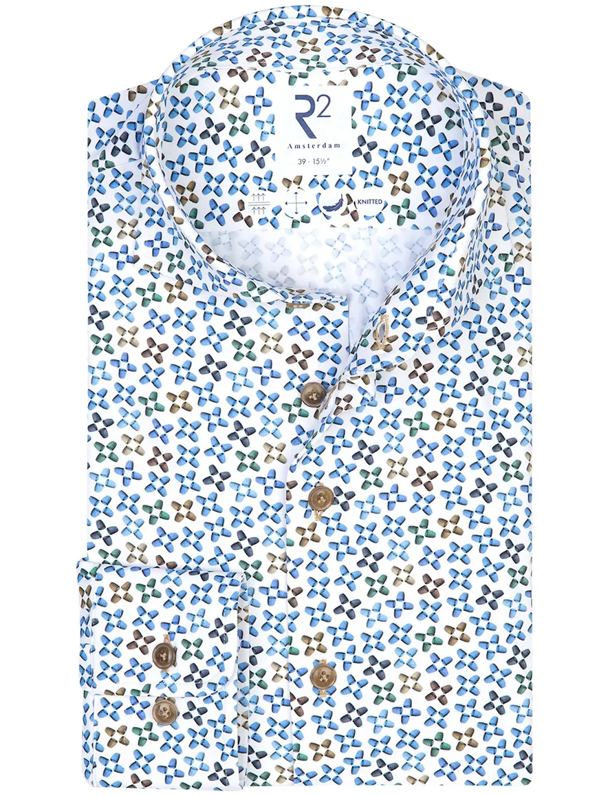 R2 business overhemd slim fit blauw geprint katoen