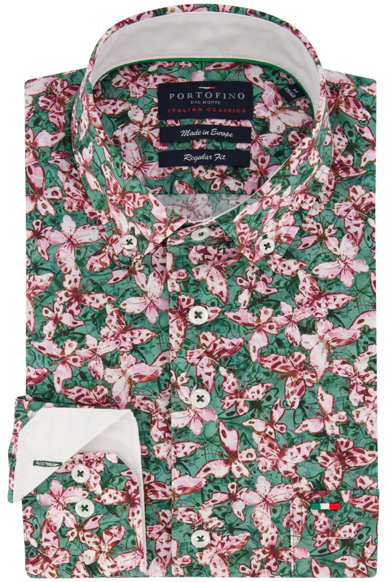 Portofino casual overhemd wijde fit groen roze geprint katoen