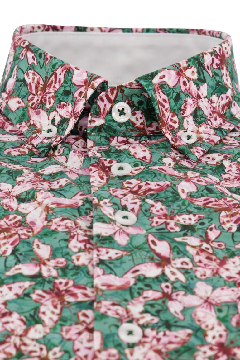 Portofino casual overhemd wijde fit groen roze geprint katoen