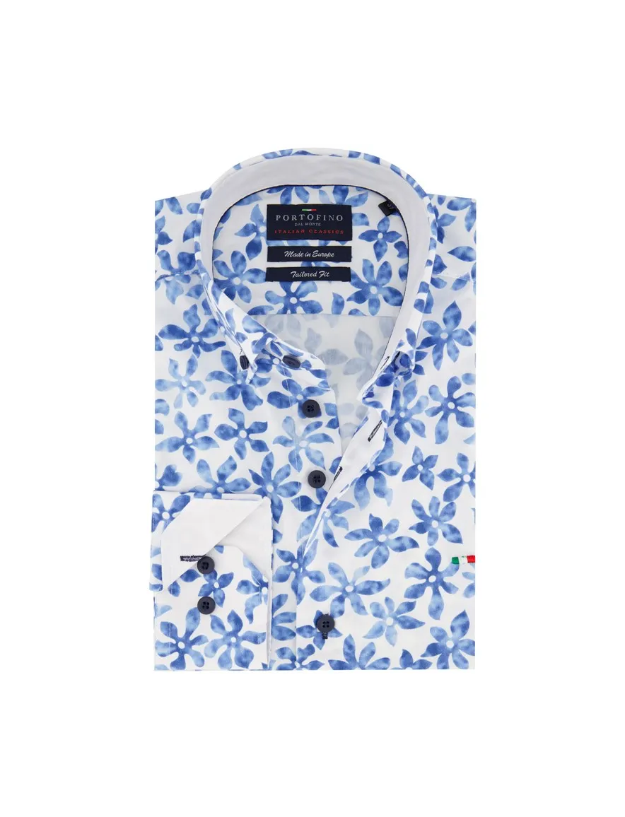 Portofino casual overhemd normale fit blauw met bloemenprint katoen