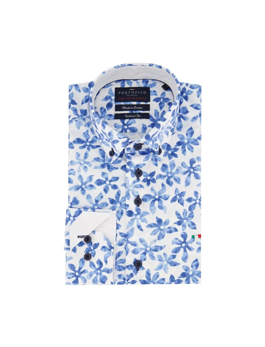 Portofino casual overhemd normale fit blauw met bloemenprint katoen
