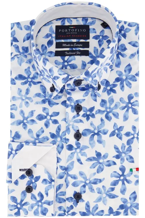 Portofino casual overhemd normale fit blauwe print katoen