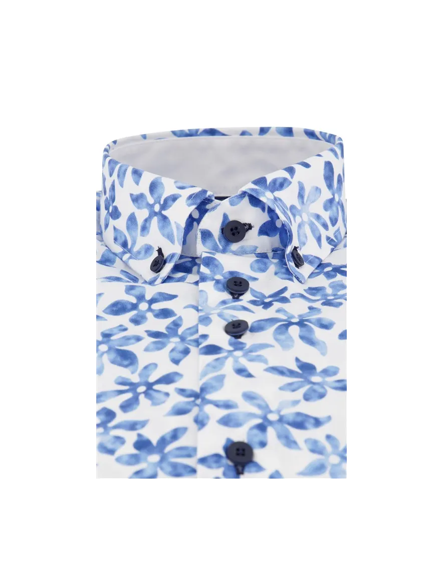 Portofino casual overhemd normale fit blauw met bloemenprint katoen