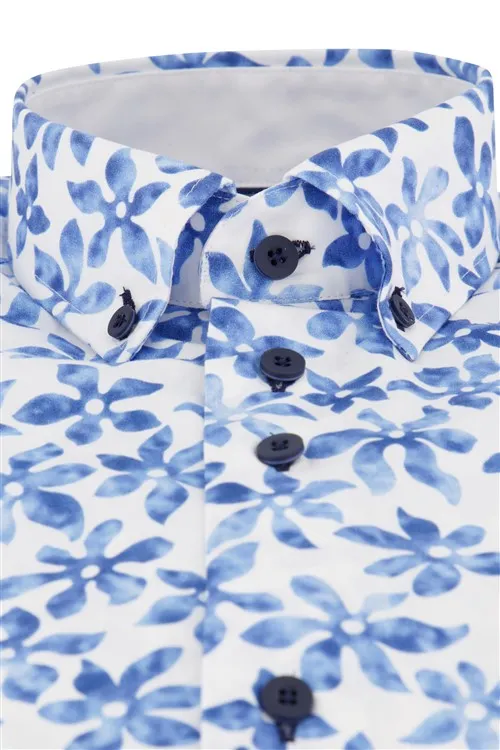 Portofino casual overhemd normale fit blauwe print katoen