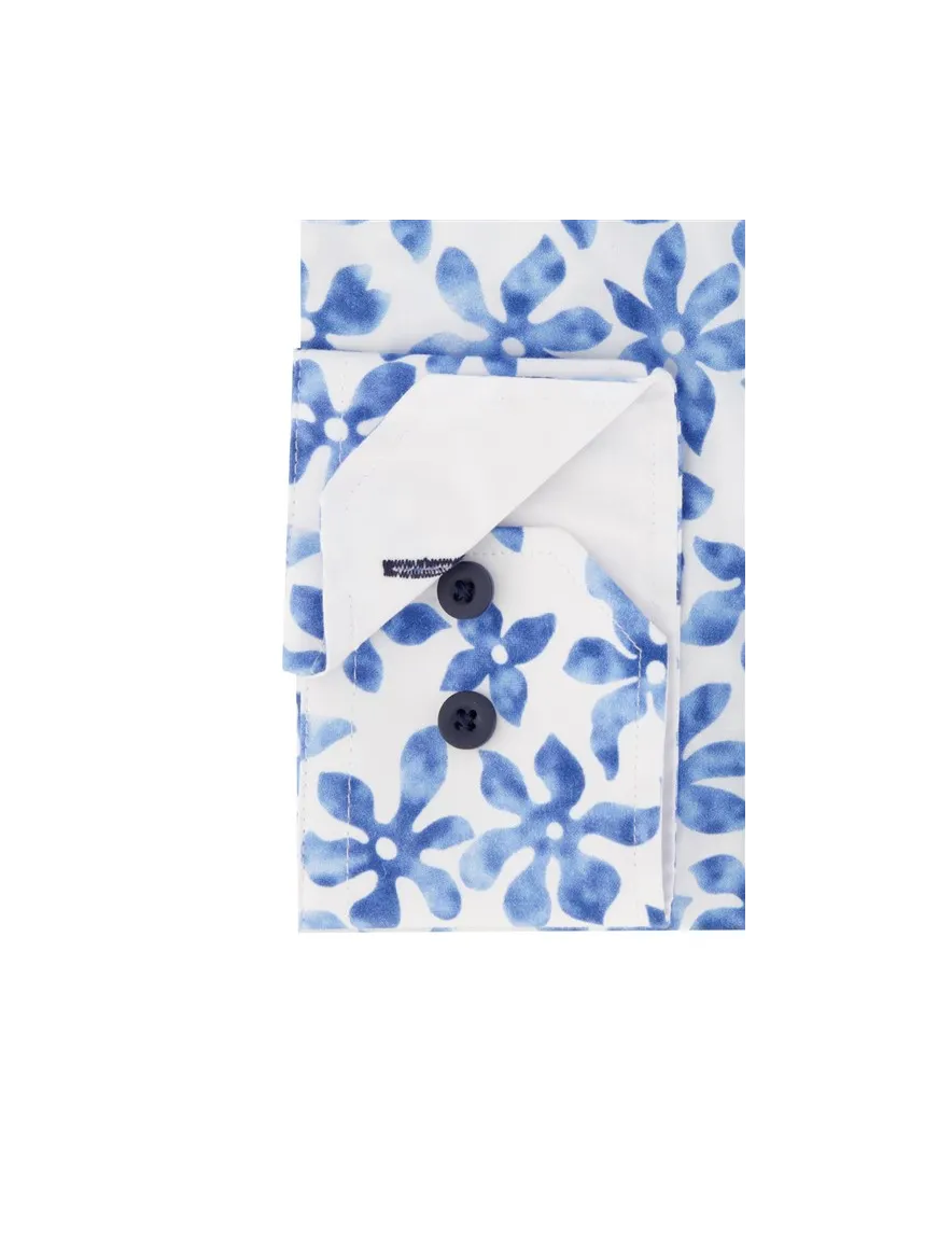Portofino casual overhemd normale fit blauw met bloemenprint katoen