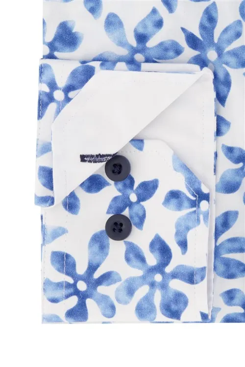 Portofino casual overhemd normale fit blauwe print katoen