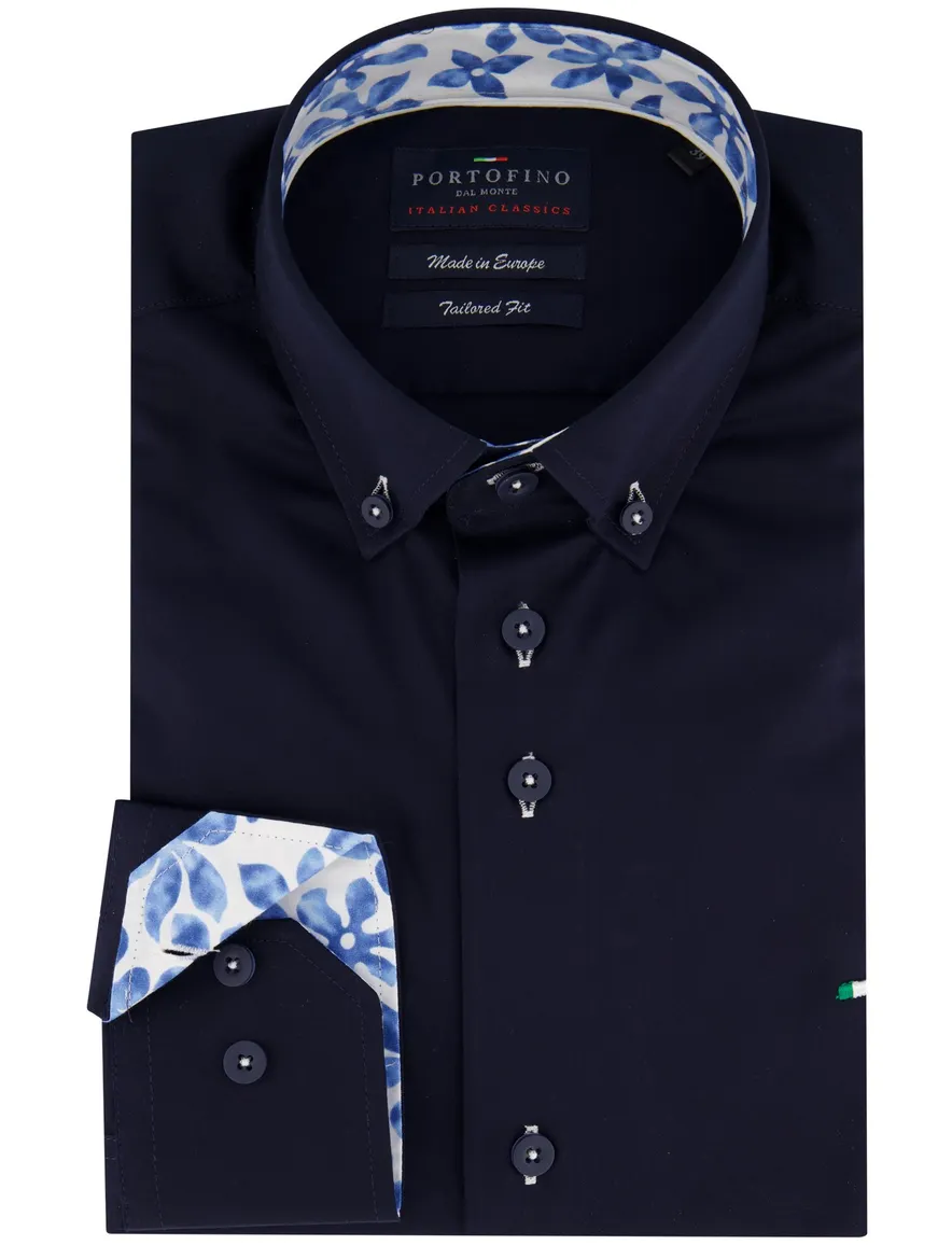 Portofino casual overhemd normale fit donkerblauw effen katoen