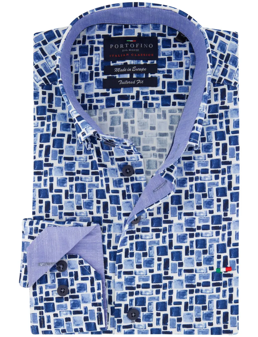 Portofino casual overhemd normale fit geprint wit blauw katoen