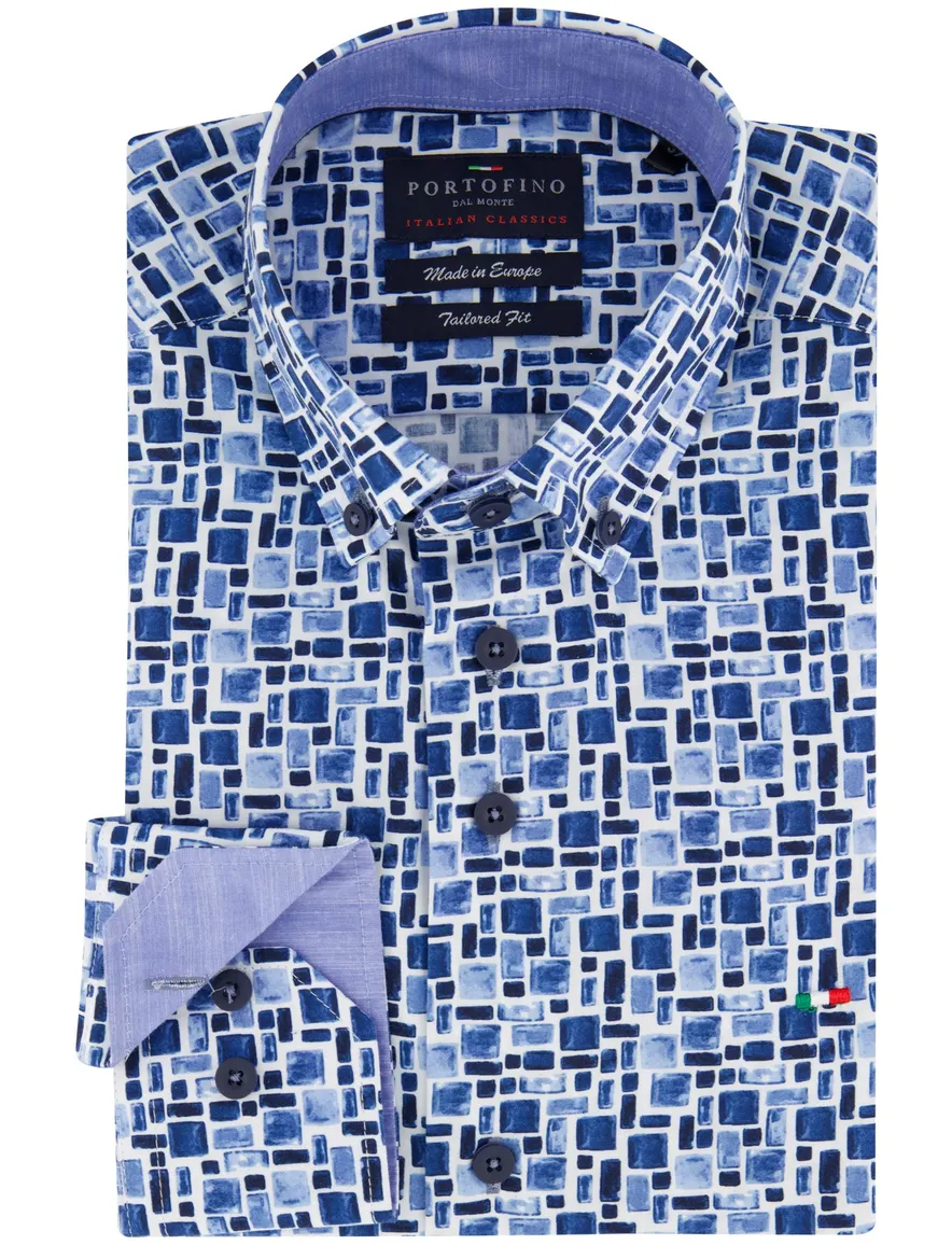 Portofino casual overhemd normale fit geprint wit blauw katoen