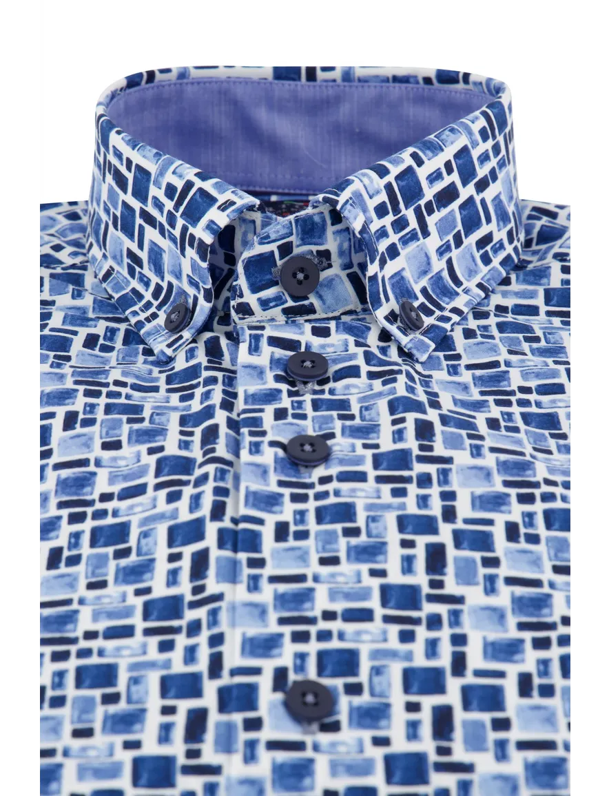 Portofino casual overhemd normale fit geprint wit blauw katoen