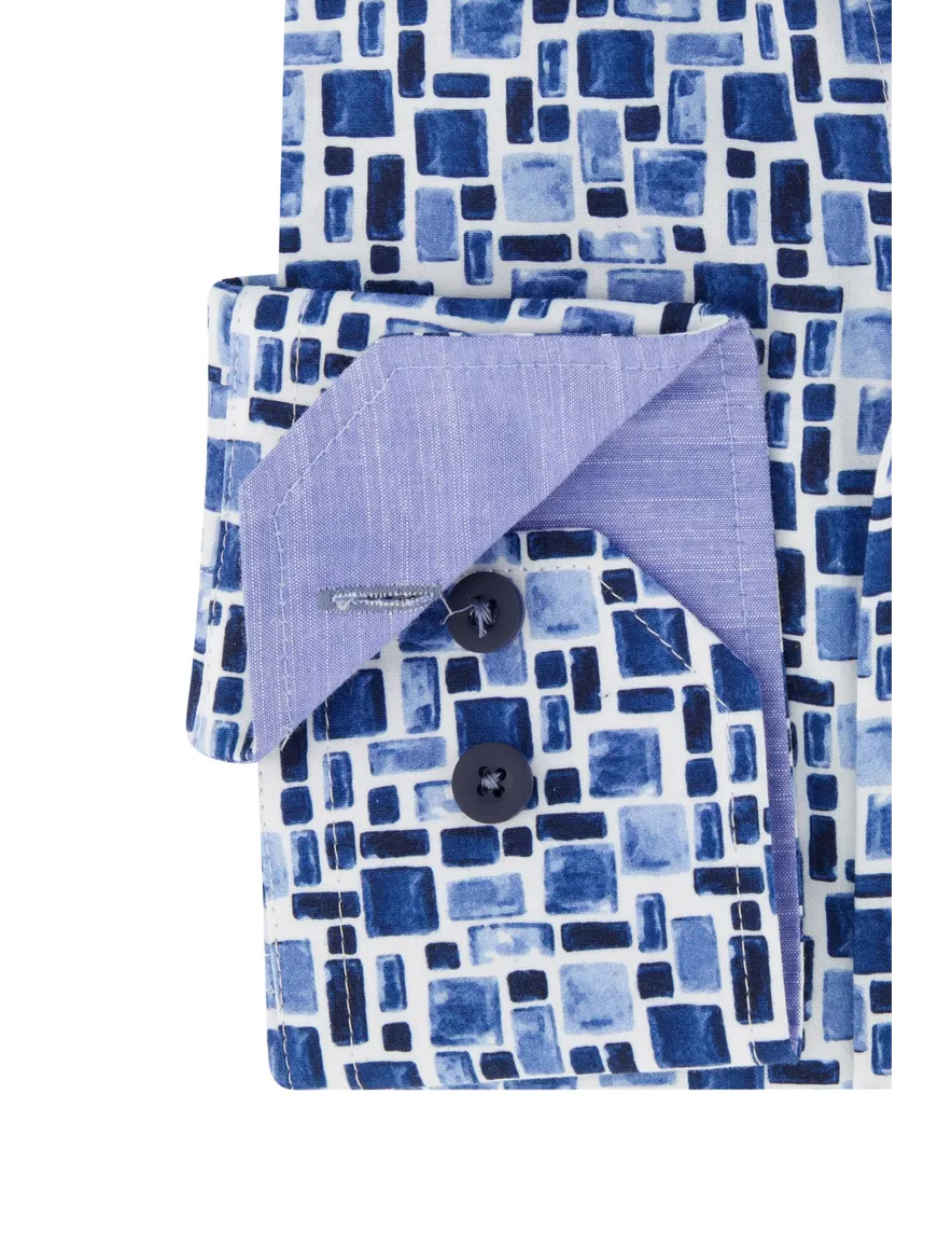 Portofino casual overhemd normale fit geprint wit blauw katoen