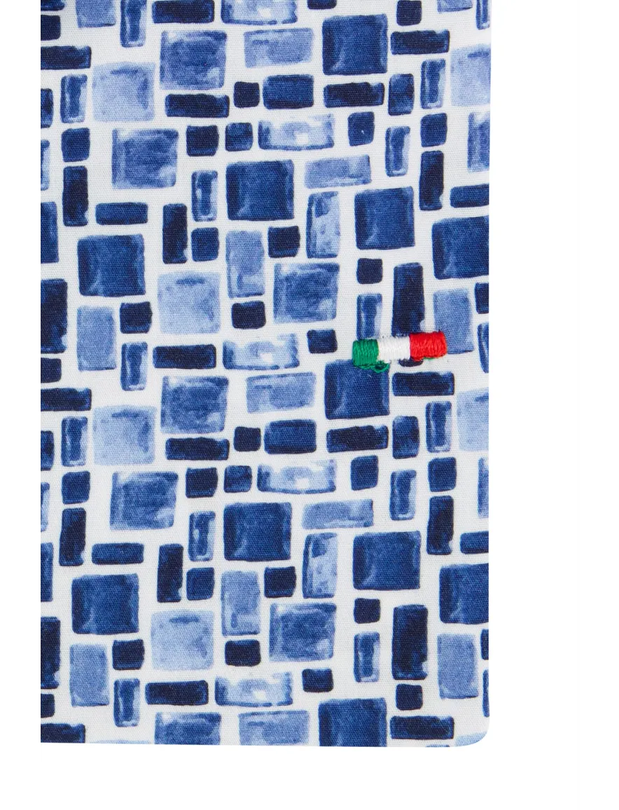 Portofino casual overhemd normale fit geprint wit blauw katoen