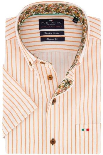 Portofino Portofino casual overhemd korte mouw regular fit oranje verticaal gestreept linnen