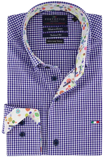 Portofino Portofino casual overhemd mouwlengte 7 tailord fit blauw geruit katoen