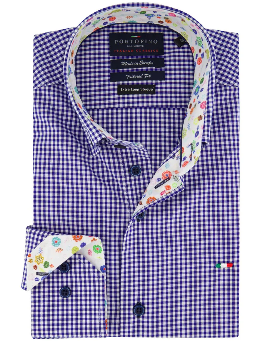 Portofino casual overhemd mouwlengte 7 tailord fit blauw geruit katoen