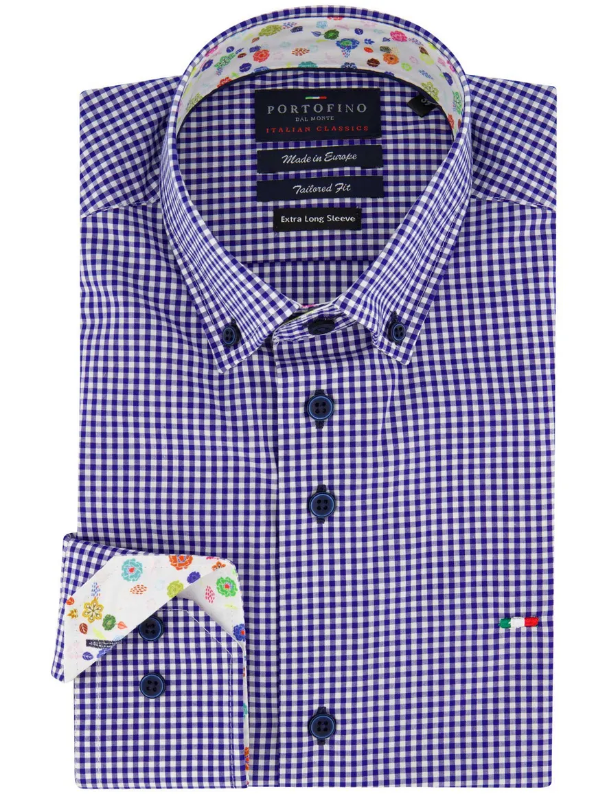 Portofino casual overhemd mouwlengte 7 tailord fit blauw geruit katoen