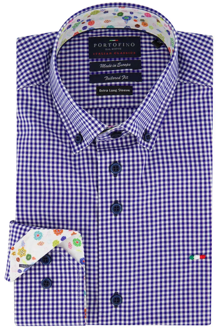 Portofino overhemd mouwlengte 7 tailord fit blauw geruit katoen