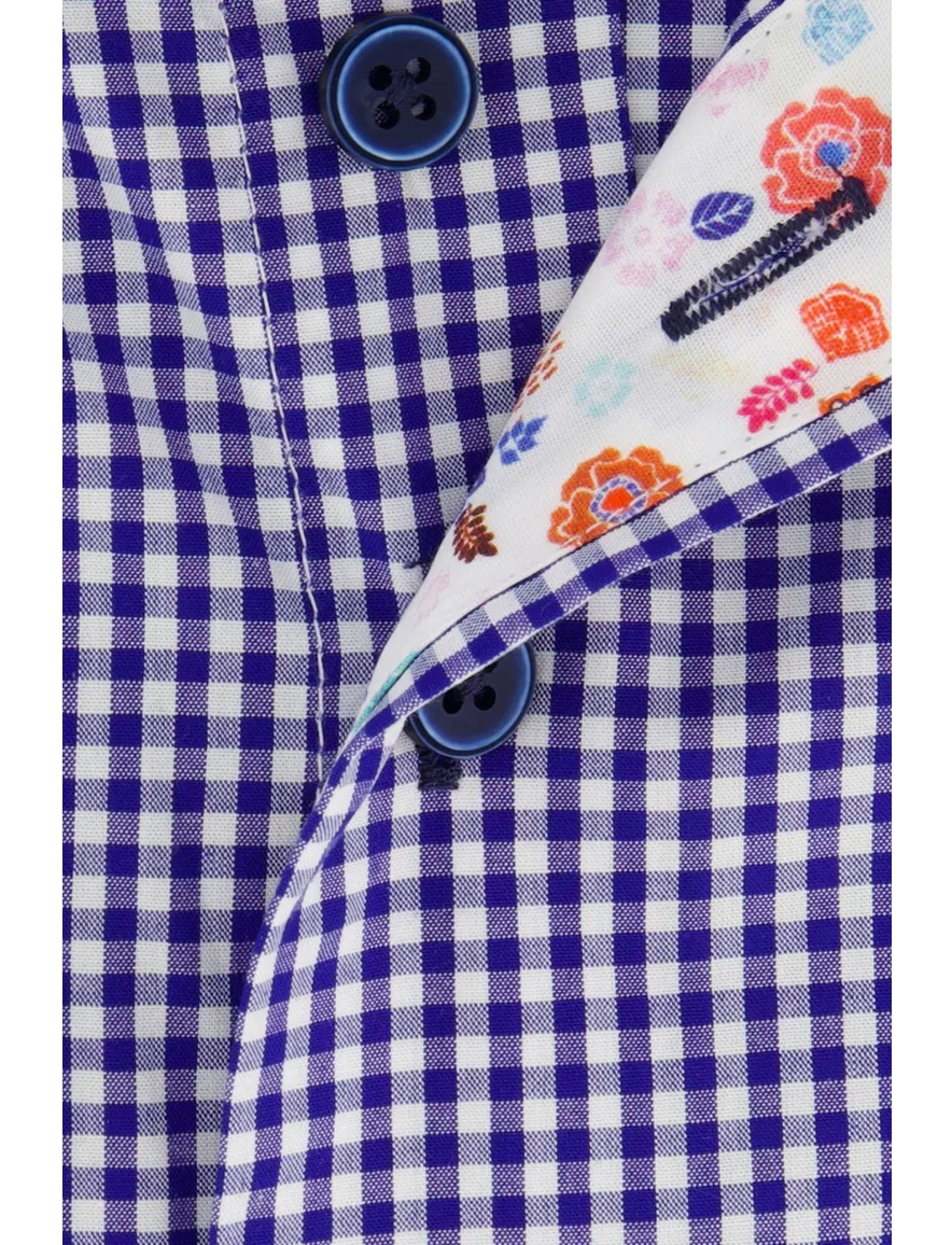 Portofino casual overhemd mouwlengte 7 tailord fit blauw geruit katoen