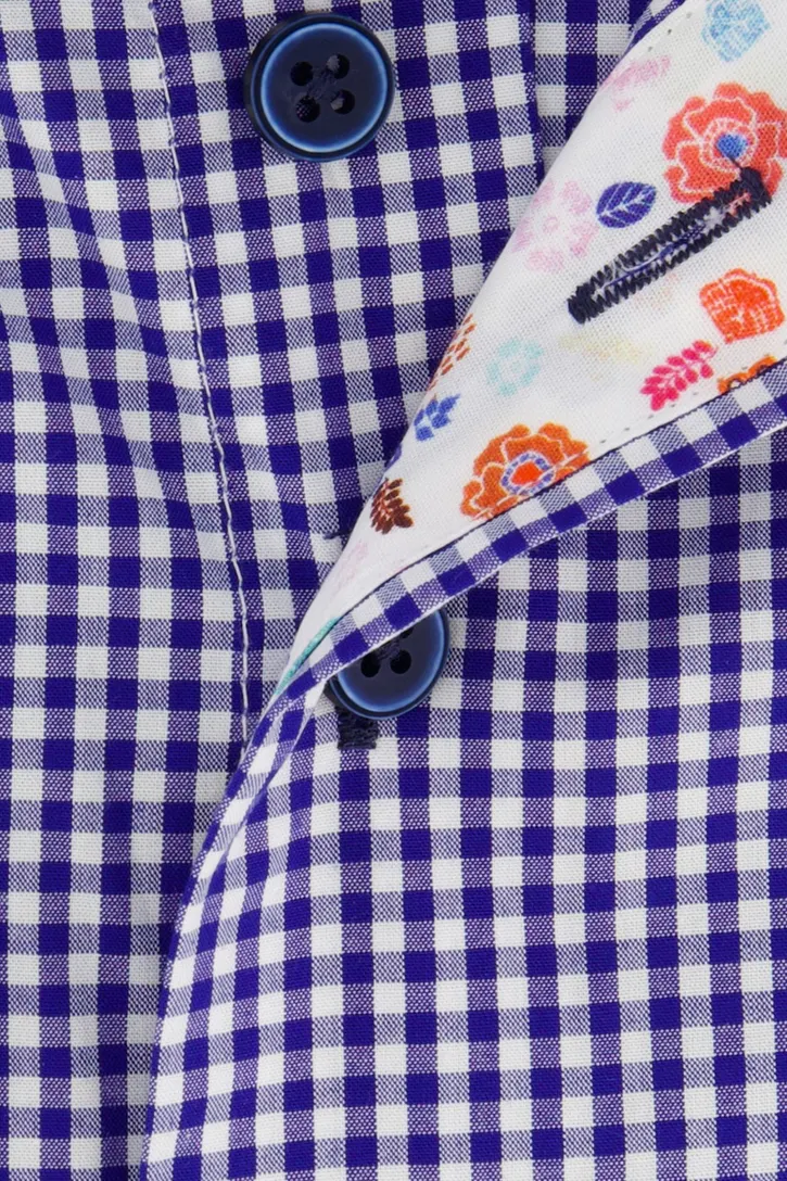 Portofino overhemd mouwlengte 7 tailord fit blauw geruit katoen