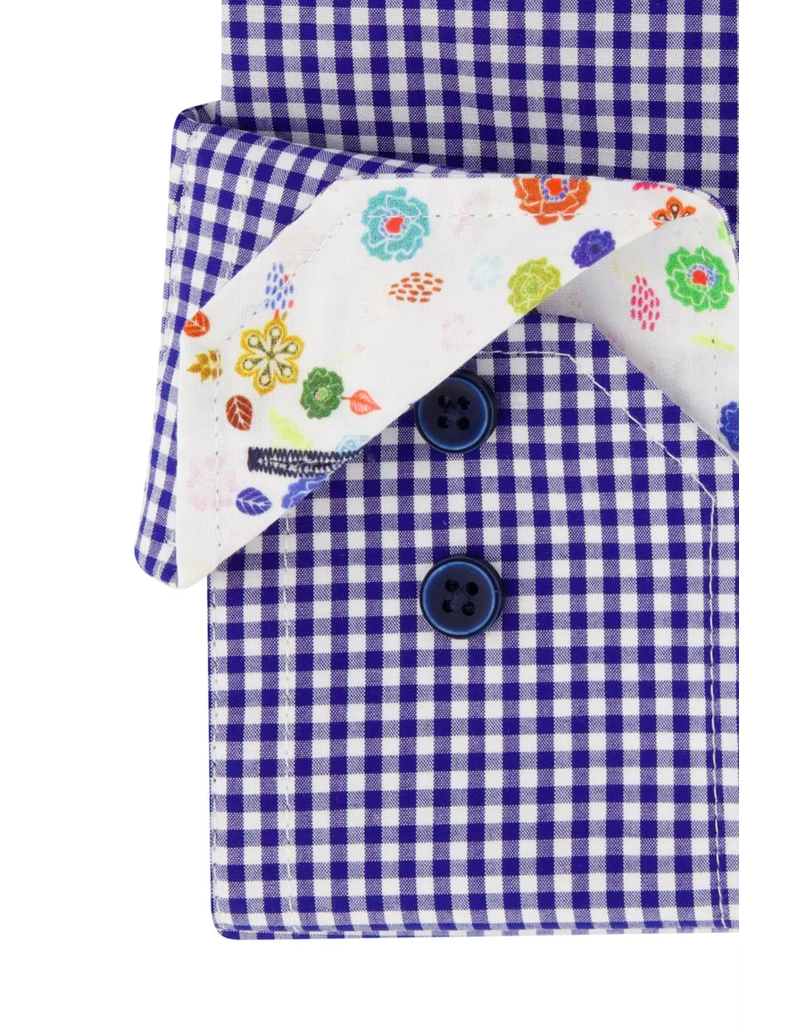 Portofino casual overhemd mouwlengte 7 tailord fit blauw geruit katoen