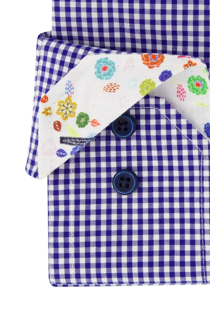 Portofino overhemd mouwlengte 7 tailord fit blauw geruit katoen