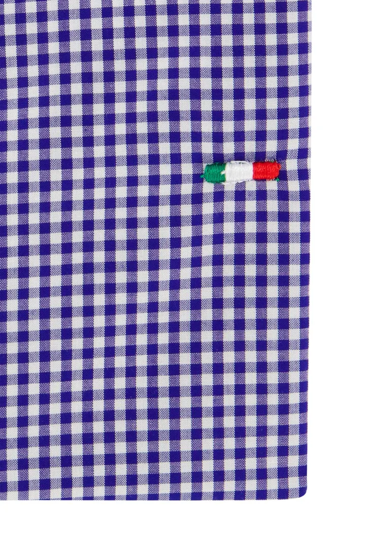 Portofino overhemd mouwlengte 7 tailord fit blauw geruit katoen