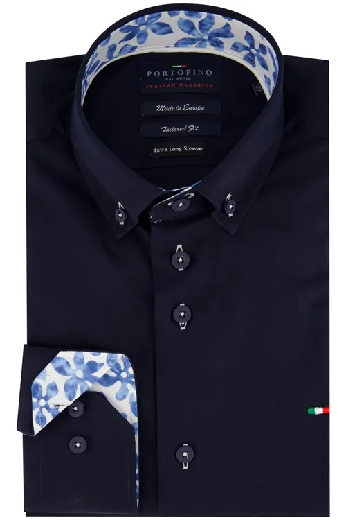 Casual overhemd Portofino mouwlengte 7 normale fit donkerblauw uni