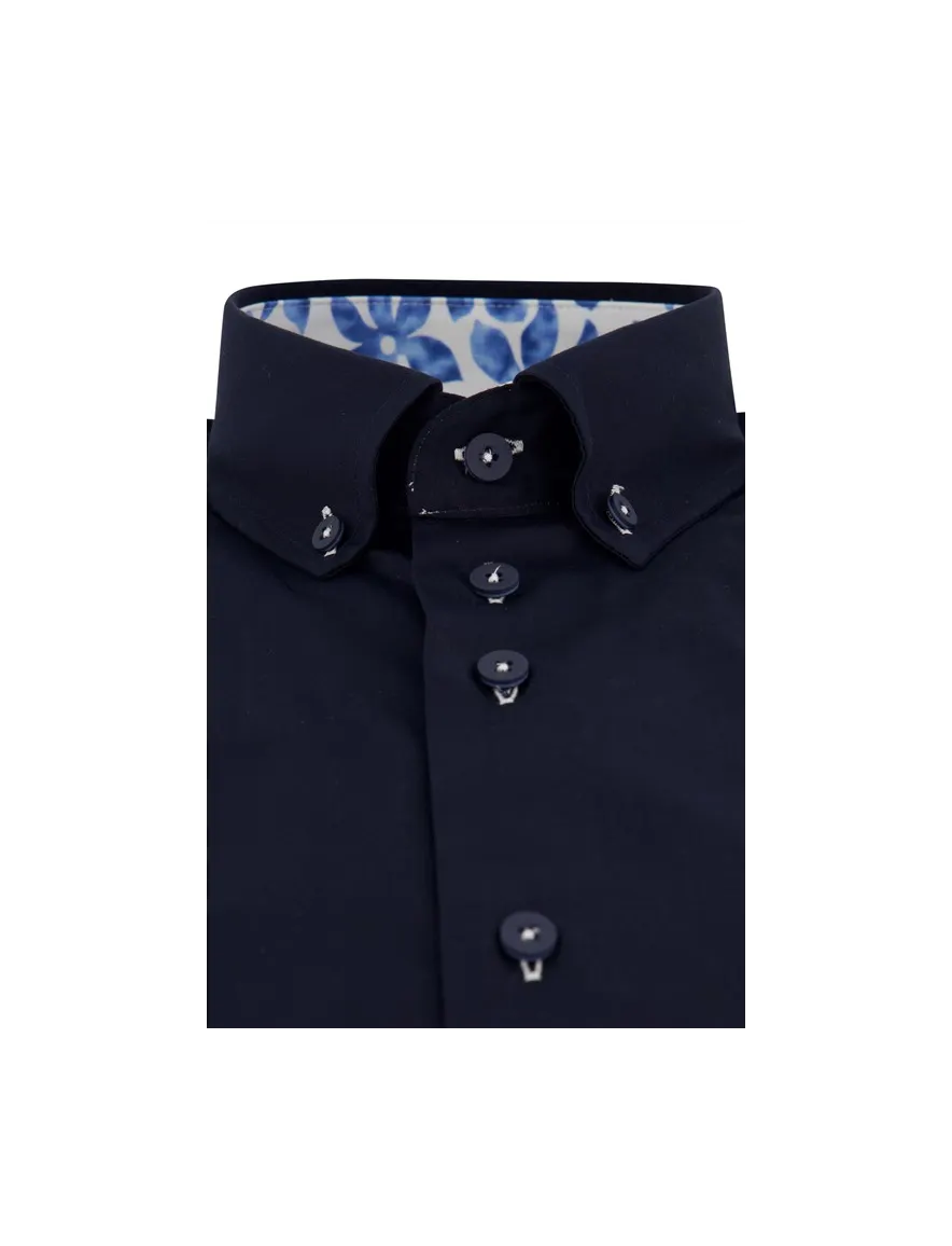 Portofino casual overhemd mouwlengte 7 normale fit navy effen 100% katoen