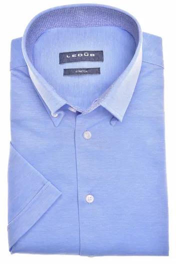 Ledub Ledub overhemd korte mouw blauw effen 100% katoen normale fit