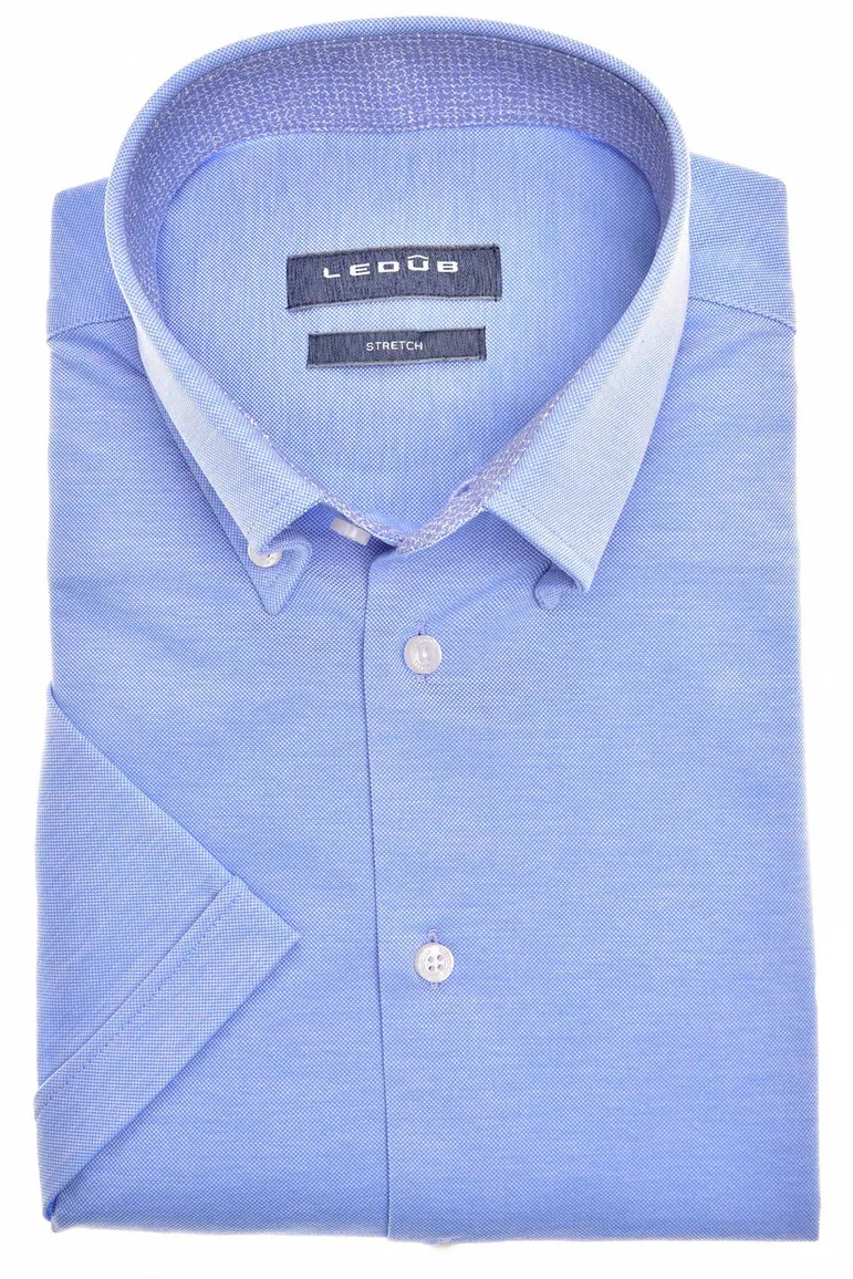 overhemd korte mouw Ledub Modern Fit blauw effen katoen normale fit
