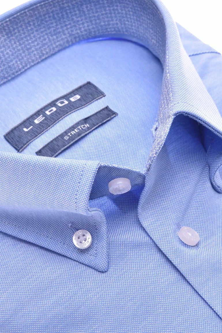 Ledub overhemd korte mouwen Modern Fit New blauw effen katoen